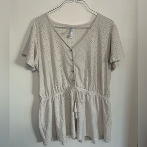 Chic Beige Eyelet Blouse with Drawstring Waist